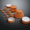 Brown Pottery Jars Plates With Lids Stacked Arranged On Black Background 3d model