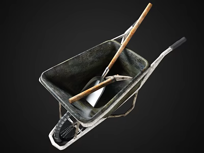 Old Rustic Metal Wheelbarrow With Shovel Inside On Dark Background 3d model