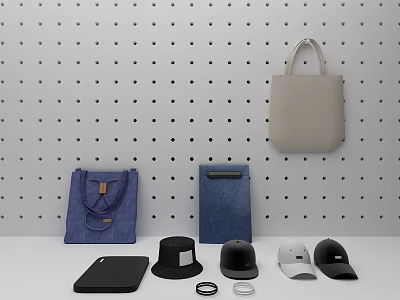 Display of Assorted Hats with Tote Bags Folders and Tablet on Perforated Board 3d model