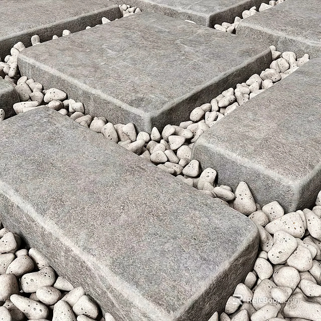 Gray Stone Ground Design With Rectangular Slabs And Small Pebbles 3d model 