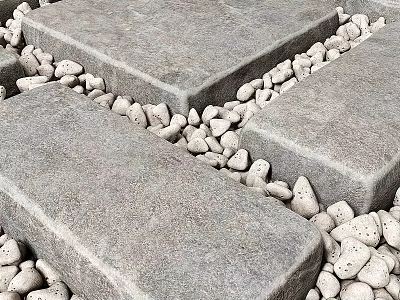 Gray Stone Ground Design With Rectangular Slabs And Small Pebbles 3d model