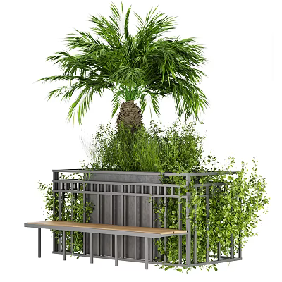 Outdoor Landscape Seat With Metal Frame Wooden Surface And Palm Tree Green Plants 3d model