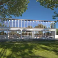 Modern Residential Building with Large Glass Walls and Lush Green Surrounding Lawns