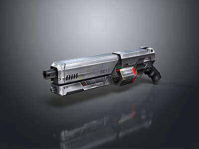 Futuristic Sci Fi Weapon with Silver Metallic Body and Glowing Colorful Modules 3d model