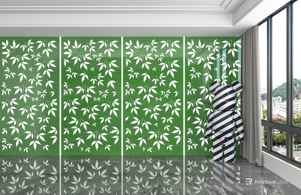Green Wall Panel With White Leaf Pattern And Striped Cushion Near Large Window On Reflective Floor 3d model
