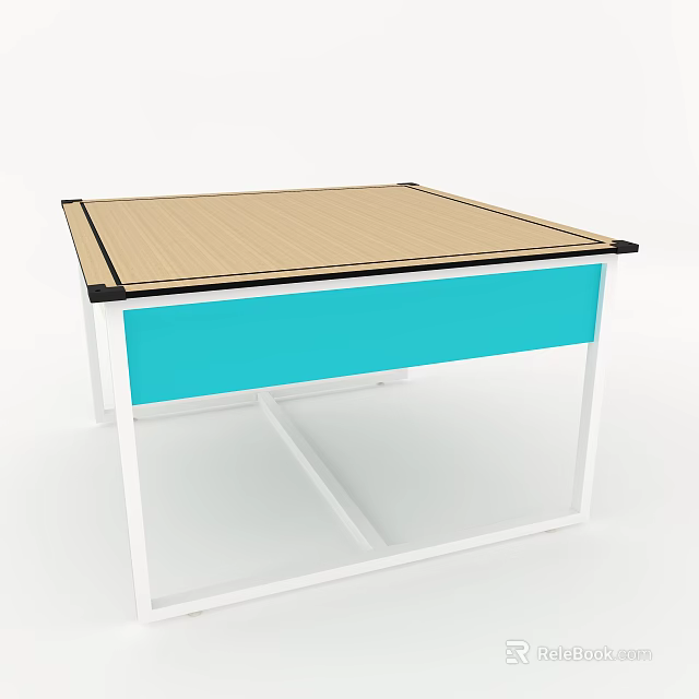 Modern Functional Desk With Wooden Tabletop Black Edge Turquoise Drawer And White Metal Frame 3d model 