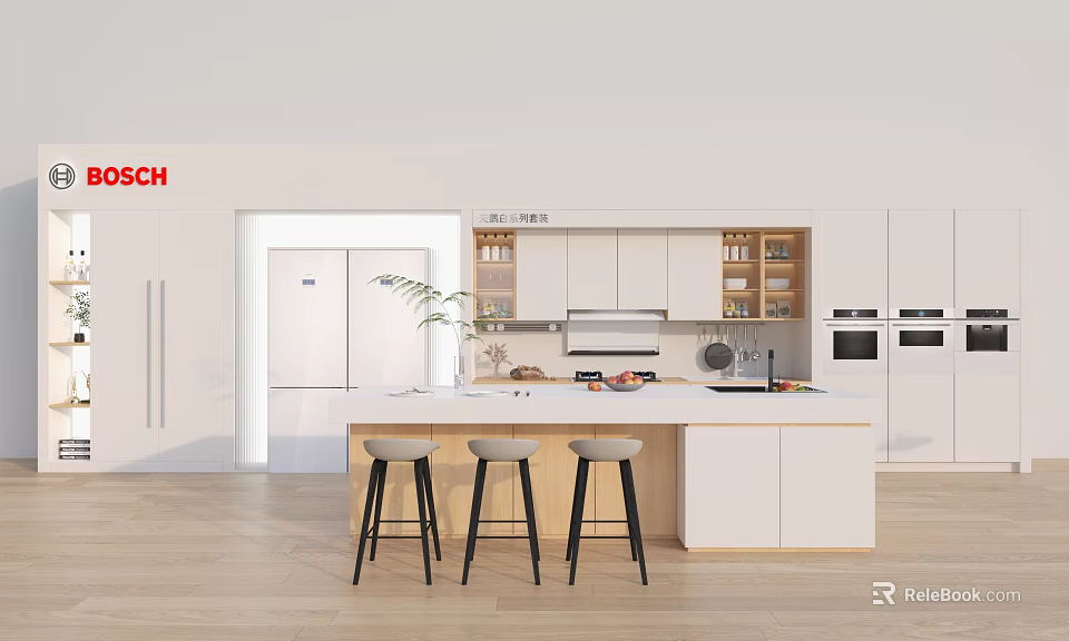 Modern Open Kitchen Interior With White Cabinets Island Counter And Appliances 3d model 