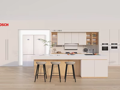 Modern Open Kitchen Interior With White Cabinets Island Counter And Appliances 3d model