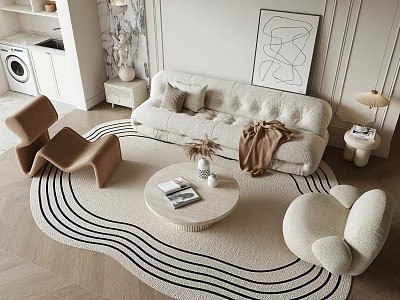 Cream Colored Sofa and Coffee Table Set with Round Table Decorative Pillows in Living Room 3d model