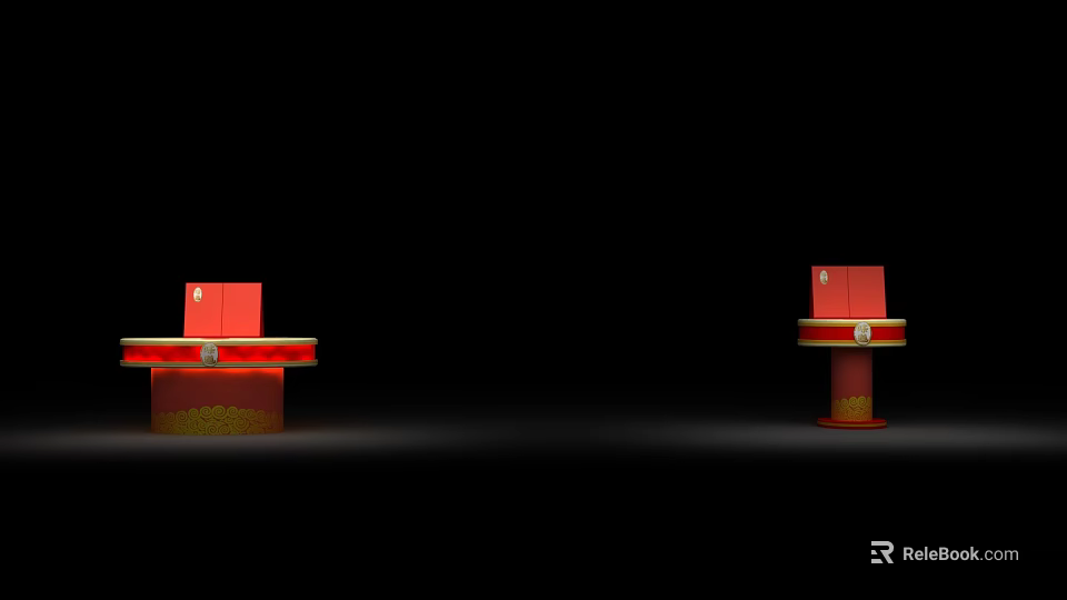 Elegant Red Display Cabinets With Golden Accents On Black Background 3d model 