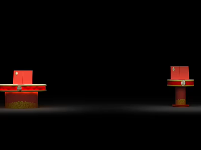 Elegant Red Display Cabinets With Golden Accents On Black Background 3d model
