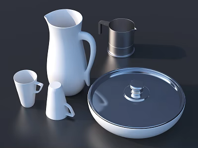 Modern Tableware Set Including White Pitcher Mug Creamer and Silver Covered Plate 3d model