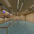 Airport Spacious Terminal Hall With Modern Blue Seating Information Screens And Geometric Flooring