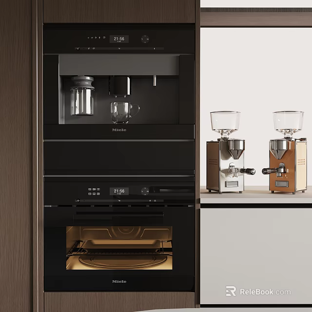 Modern Kitchen Appliances With Integrated Black Coffee Maker Oven And Colored Standalone Coffee Machines 3d model 