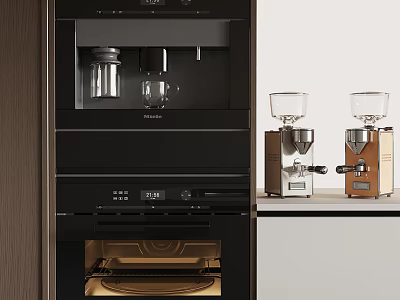 Modern Kitchen Appliances With Integrated Black Coffee Maker Oven And Colored Standalone Coffee Machines 3d model