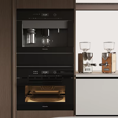 Modern Kitchen Appliances With Integrated Black Coffee Maker Oven And Colored Standalone Coffee Machines 3d model