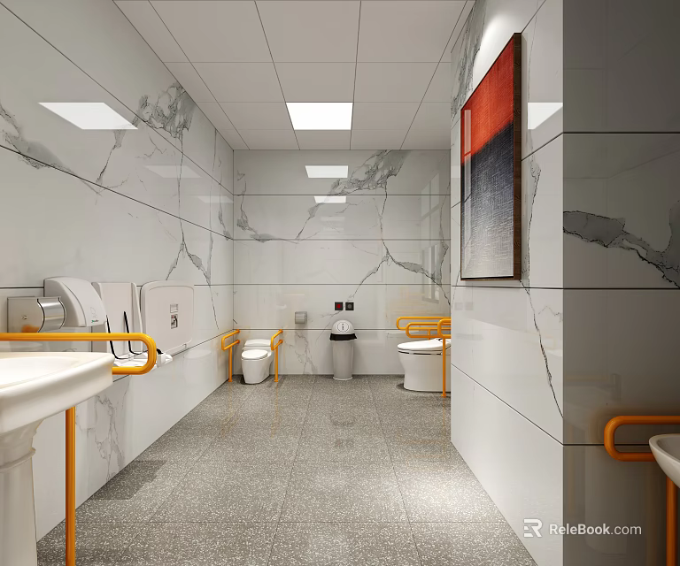 Modern Public Restroom With Marble Walls Yellow Handrails Washbasins Toilets And Decorative Painting 3d model 