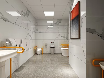 Modern Public Restroom With Marble Walls Yellow Handrails Washbasins Toilets And Decorative Painting 3d model