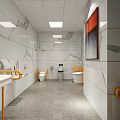 Modern Public Restroom With Marble Walls Yellow Handrails Washbasins Toilets And Decorative Painting