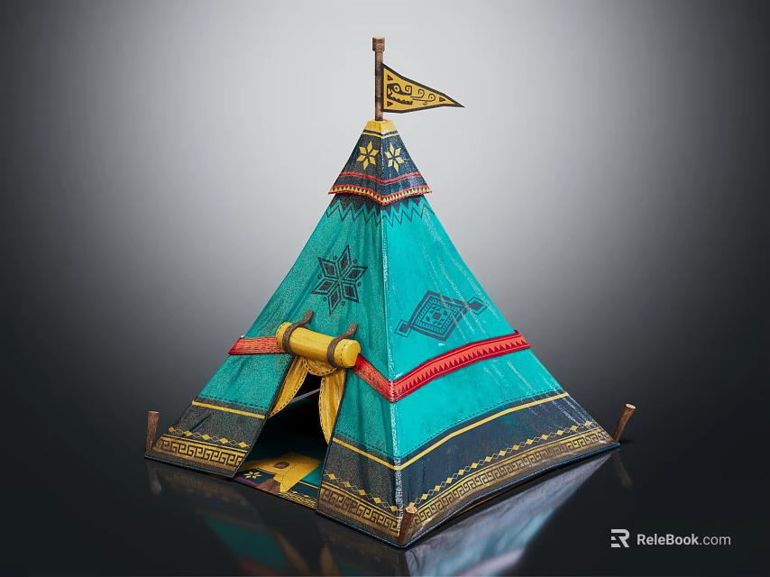 Turquoise Conical Tent With Red Trim Yellow Flag Decorative Patterns Gold Accents And Yellow Entrance 3d model 
