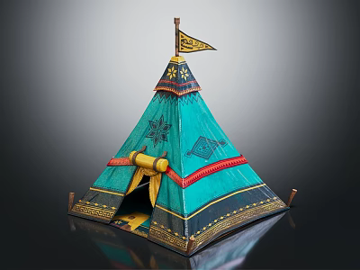Turquoise Conical Tent With Red Trim Yellow Flag Decorative Patterns Gold Accents And Yellow Entrance 3d model