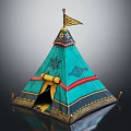 Turquoise Conical Tent With Red Trim Yellow Flag Decorative Patterns Gold Accents And Yellow Entrance