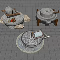 Traditional Stone Mills With Wooden Frames And Grinding Tools On Grid Floor 3d model