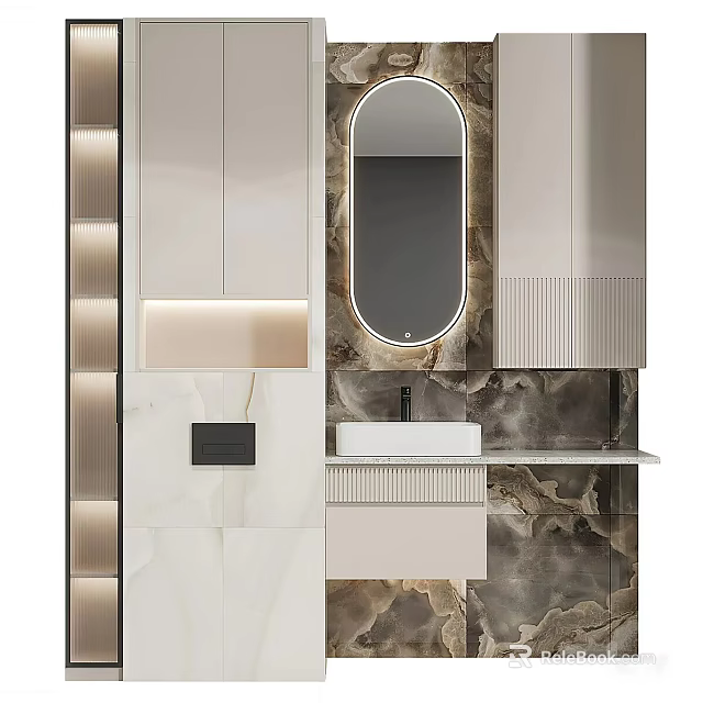 Modern Bathroom Combination Design With Round Mirror Marble Wall And Sink Cabinets 3d model 