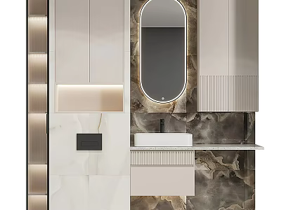 Modern Bathroom Combination Design With Round Mirror Marble Wall And Sink Cabinets 3d model