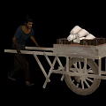 Woman In Dark Clothing Pushing Wooden Cart Loaded With White Rolls And Black Blocks