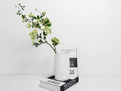 White Ceramic Vase With Small Yellow Flowers Placed On Stack Of Books 3d model