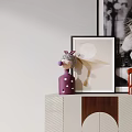 Stylish Entryway Console Cabinet With Wooden White Panels Decorative Vases Framed Pictures And Potted Plant