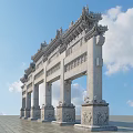 Traditional Chinese Stone Archway With Carved Roof Details And Blue Sky Clouds