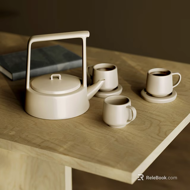 White Ceramic Tea Set With Teapot And Cups On Wooden Table With Book 3d model