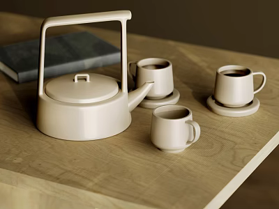 White Ceramic Tea Set With Teapot And Cups On Wooden Table With Book 3d model