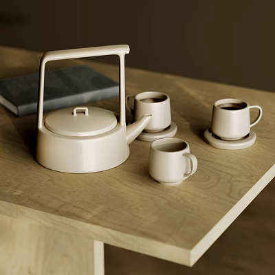 White Ceramic Tea Set With Teapot And Cups On Wooden Table With Book 3d model