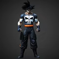 Game Movie Character With Black Hair Skull Chest Design Black Outfit Orange Belt Muscular Build