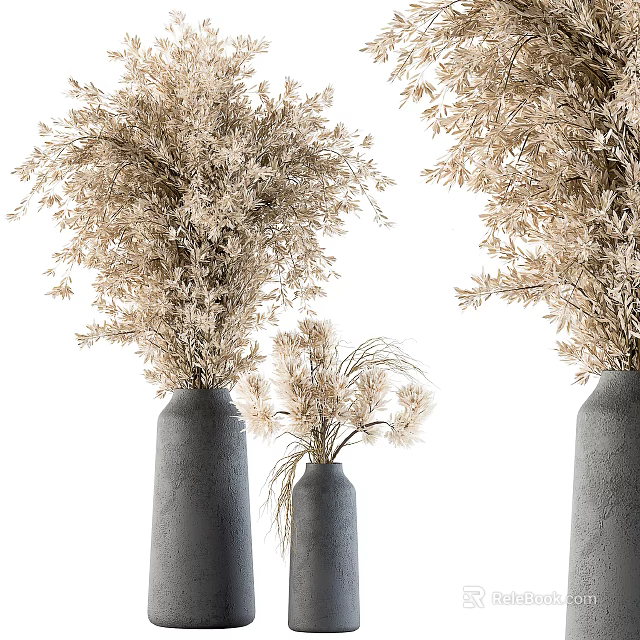 Minimalist Gray Vases With Neutral Colored Dried Flowers And Pampas Grass 3d model 