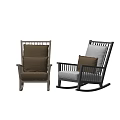Comfortable Wooden Leisure Chair and Rocking Chair with Brown Light Gray Cushions