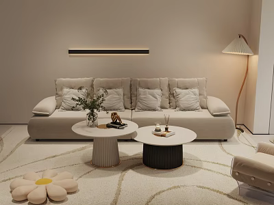 Modern Beige Sofa And Coffee Table Set With Throw Pillows Floor Lamp And Decorative Items 3d model