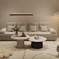 Modern Beige Sofa And Coffee Table Set With Throw Pillows Floor Lamp And Decorative Items