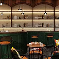 Modern Cafe Interior Design With Green Furniture Wooden Bar Hanging Lamps And Colorful Cushions