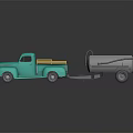 Vintage Turquoise Truck With Yellow Rails Towing Cement Mixer on Dark Background