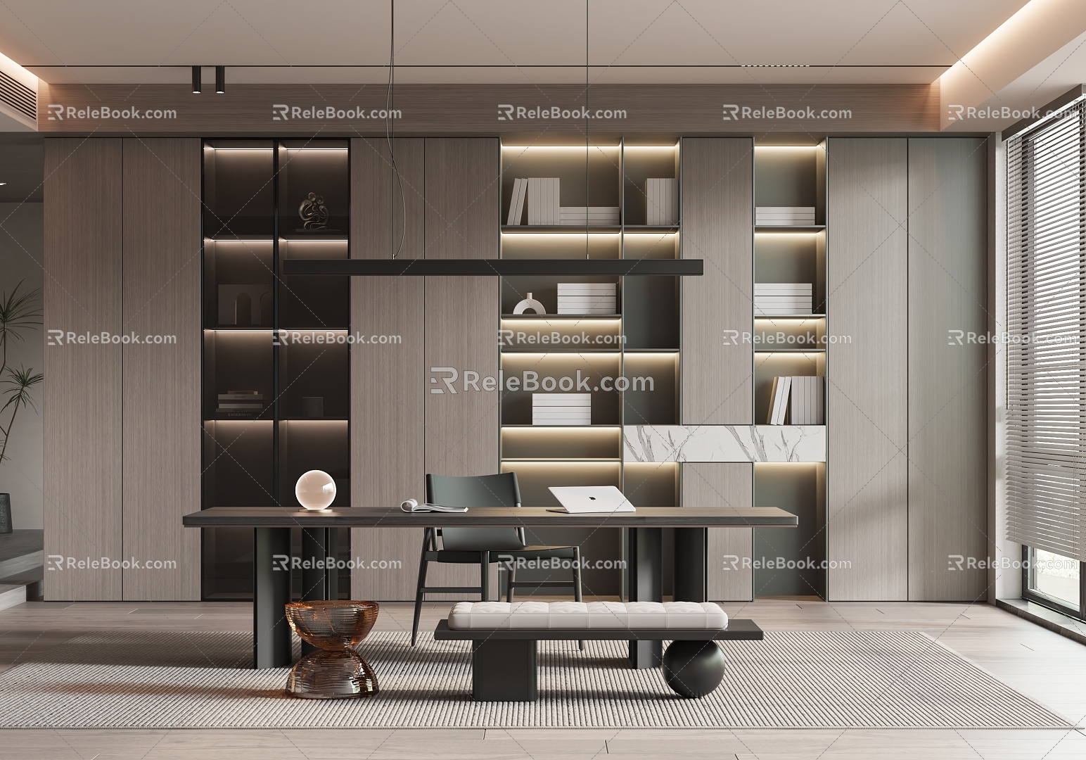 Italian Study Desk Chair Chandelier Bookcase 3d model