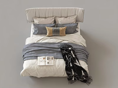 Modern Double Bed Featuring Beige Headboard Gray Bedding Gold Accent Pillow Magazine And Cozy Blanket 3d model
