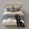 Modern Double Bed Featuring Beige Headboard Gray Bedding Gold Accent Pillow Magazine And Cozy Blanket
