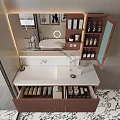 Modern Bathroom Interior Design With White Countertop Brown Cabinets Mirror And Small Plant