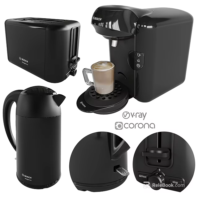 Black Kitchen Appliances Including Toaster Coffee Maker Thermos And Details 3d model 