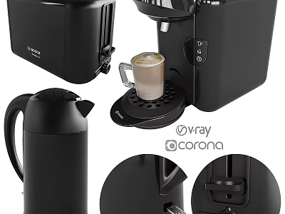 Black Kitchen Appliances Including Toaster Coffee Maker Thermos And Details 3d model