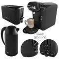 Black Kitchen Appliances Including Toaster Coffee Maker Thermos And Details